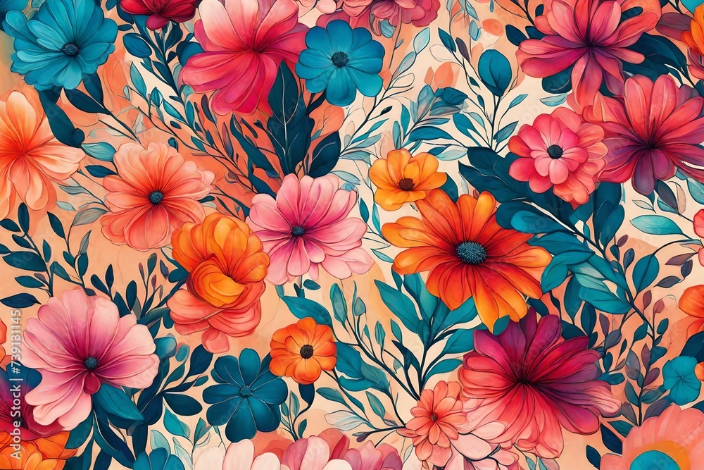 An eye-catching illustration capturing the vivid interaction of liquid hues against a sleek, modern canvas, with subtle flower motifs adding a delightful touch to the overall composition - obrazy, fototapety, plakaty 