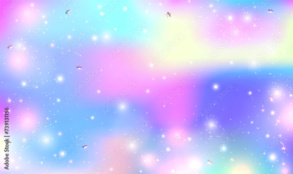 Holographic fantasy rainbow unicorn background with fairy sparkles, stars and blurs. Pastel color magical sky. Hologram background with rainbow mesh. Girlish universe banner in princess colors. Vector