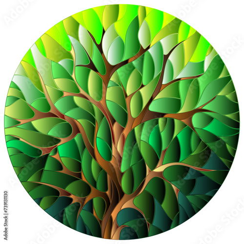 An illustration in the style of a stained glass window with an abstract tree on the green background, round image