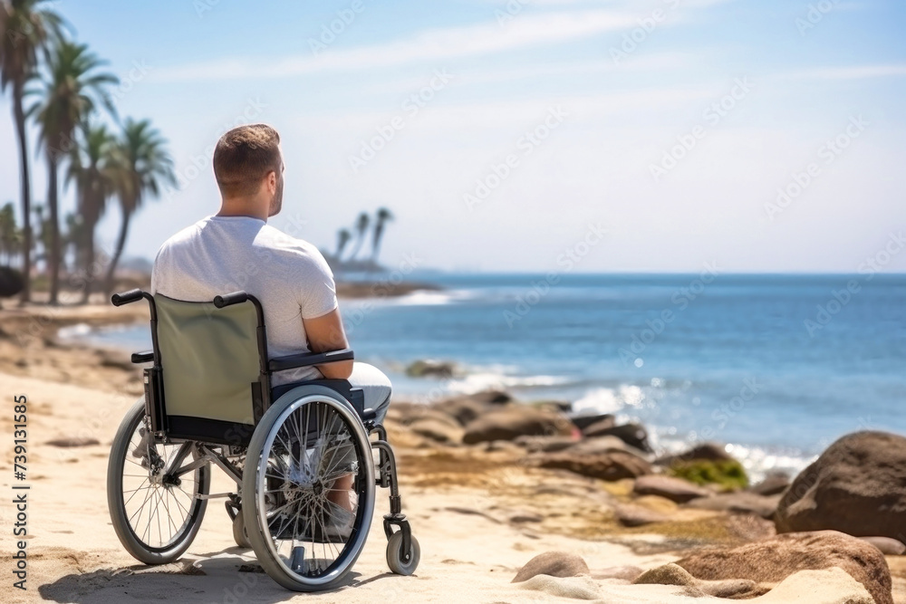 Man in Wheelchair Watching Beach Sunset