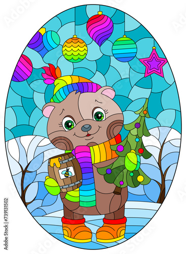An illustration in the style of a stained glass window with a cartoon bear on the background of a winter landscape