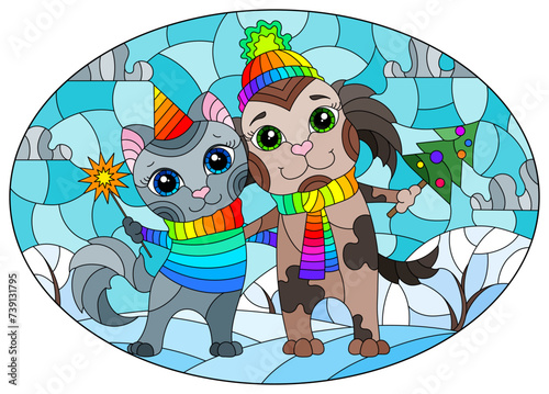 An illustration in the style of a stained glass window with a cartoon cat and dog on the background of a winter landscape