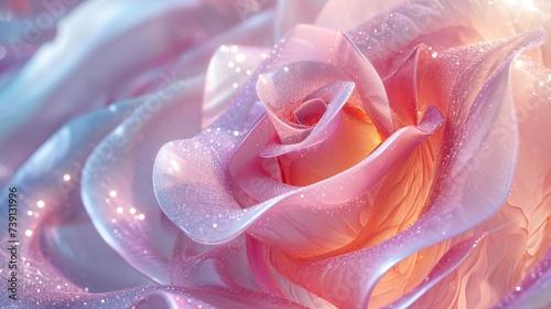 Close-up of a wavy rose, cool hues adorned with frost, a tranquil dance amid snowflakes and ice.