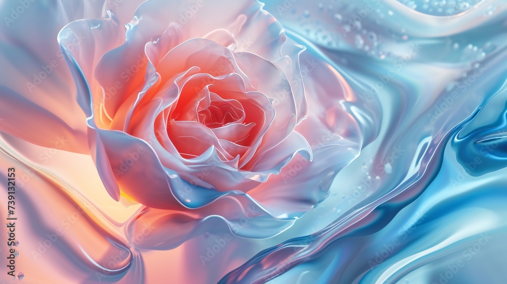 Extreme close-up of a blooming rose, icy blue and peach blend, dancing amid snowflakes and ice.
