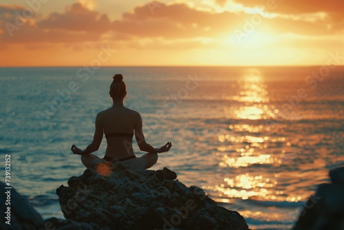 Sunset meditation by the calm ocean. photo