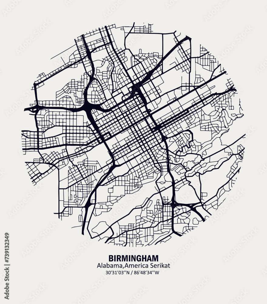 Naklejka premium vector map of the city of Birmingham, Alabama, United States. Black and white for home walls and posters