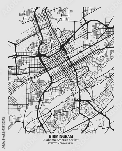 vector map of the city of Birmingham, Alabama, United States. Black and white for home walls and posters