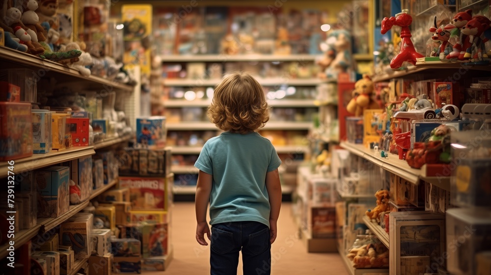 A child stands in an aisle at a toy store, surrounded by shelves stocked with a colorful array of toys and games, creating a vivid and playful atmosphere.