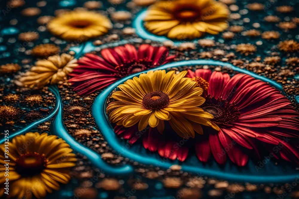 Ultra-HD photograph highlighting the graceful fusion of vibrant liquids, forming an eye-catching modern artwork with understated flower patterns Ultra-HD photograph highlighting the graceful fusion of vibrant liquids, forming an eye-catching modern artwork with understated flower patterns