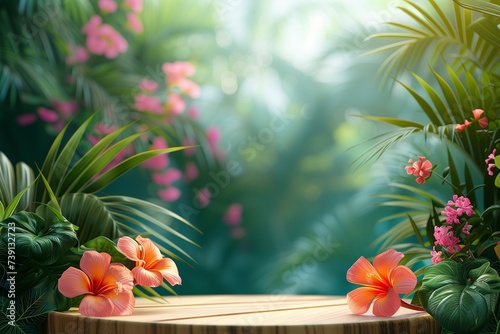 Floral showcase platform. A wooden display podium set against a vibrant backdrop of tropical foliage and blooming flowers, creating an enchanting atmosphere for product presentation. © Maxim