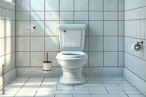 Modern toilet room interior with a ceramic toilet bowl, a toilet brush holder, and a roll of paper on a holder against tiled walls and floor, bathed in natural light.