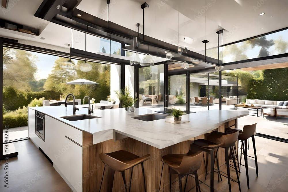 An open-concept kitchen with a seamless blend of indoor and outdoor spaces. Sliding glass doors lead to a patio, creating a perfect entertaining area