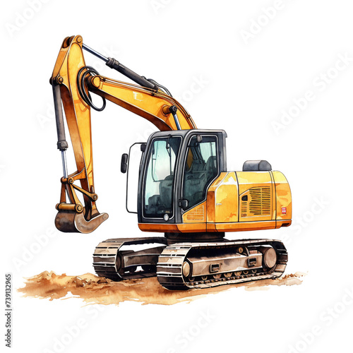 Watercolor mini excavator isolated on a white background