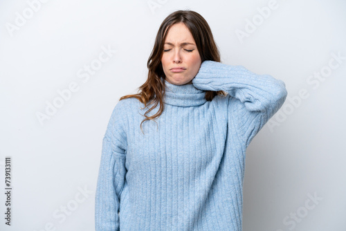 Young caucasian woman isolated on white background with neckache photo