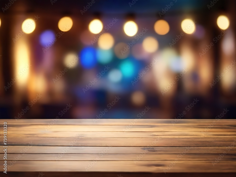 Empty wooden table over blurred restaurant background, product display montage