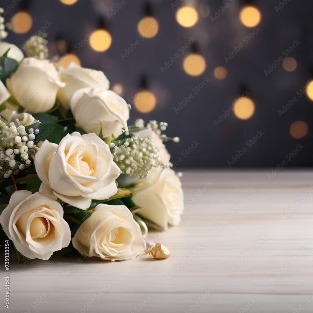 Bouquet of white roses on a wooden table with bokeh background Bouquet of white roses on a wooden table with bokeh background
