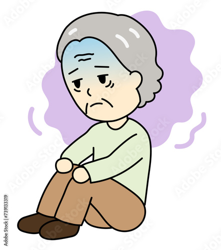 うつ病で気分が落ち込む体育座りのおばあさん