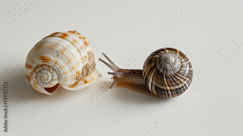 Snail and cockleshell on white background