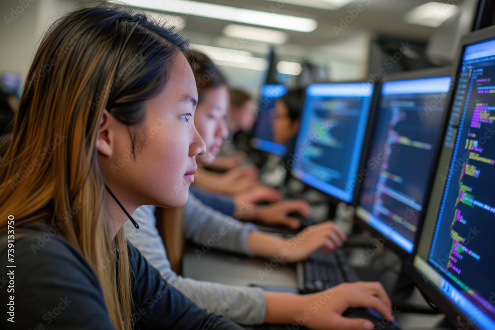 Focused female programmer working at her desk with multiple monitors. Technology and career. Focused female programmer working at her desk with multiple monitors. Technology and career.