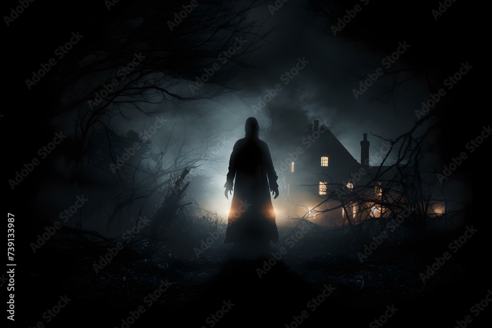 The eerie presence of a ghostly silhouette creates a chilling night atmosphere. Concept Silhouette Photography, Ghostly Figures, Eerie Atmosphere, Night Photography, Dark Shadows