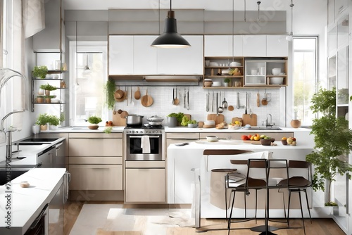 A small-space kitchen with smart storage solutions, compact appliances, and a stylish breakfast nook. Efficient design for modern living photo