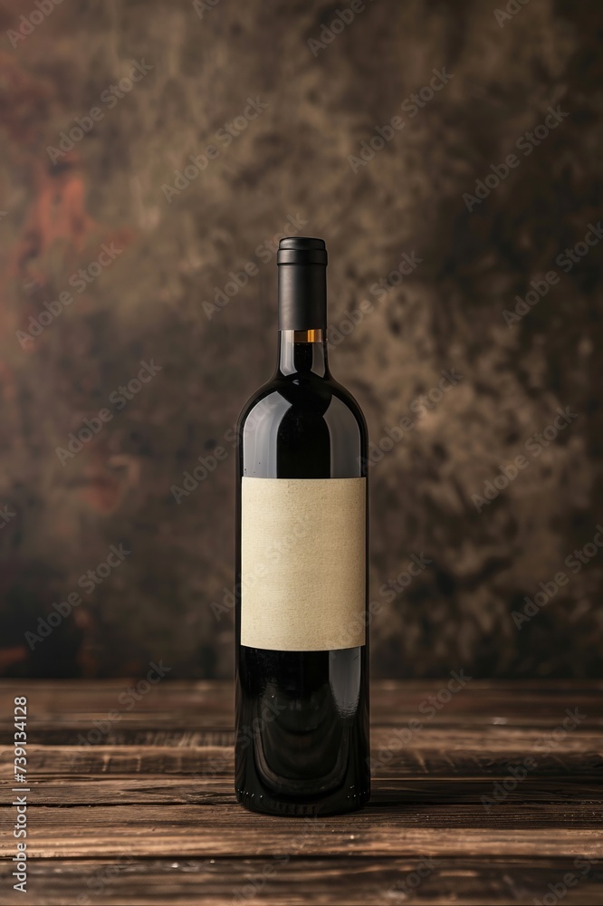 Fototapeta premium Dark glass wine bottle mockup. A bottle with a clean empty label stands on a wooden table. AI generative