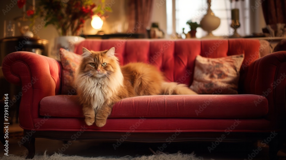 A purebred cat lies on a comfortable sofa in a classic living room, copy space
