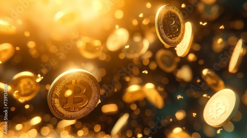 Golden background with shiny gold Bitcoin coins in the air, cryptocurrency photo