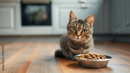 Close-up of a cat eating food in a sunlit kitchen, pet care concept, animal behavior with copy space