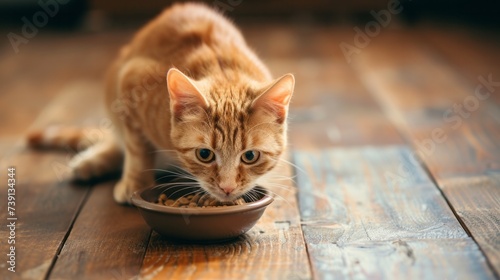 Close-up of ginger kitten eating food on wooden floor background with copy space, pet care concept, animal behavior