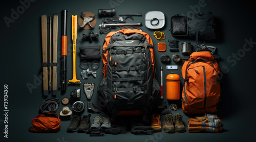 Orange backpack flat lay of various technologies with climbing equipment arranged on black background