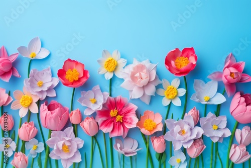spring flowers bouquet on blue background. tulips and daffodils arranged together © Sabina Gahramanova
