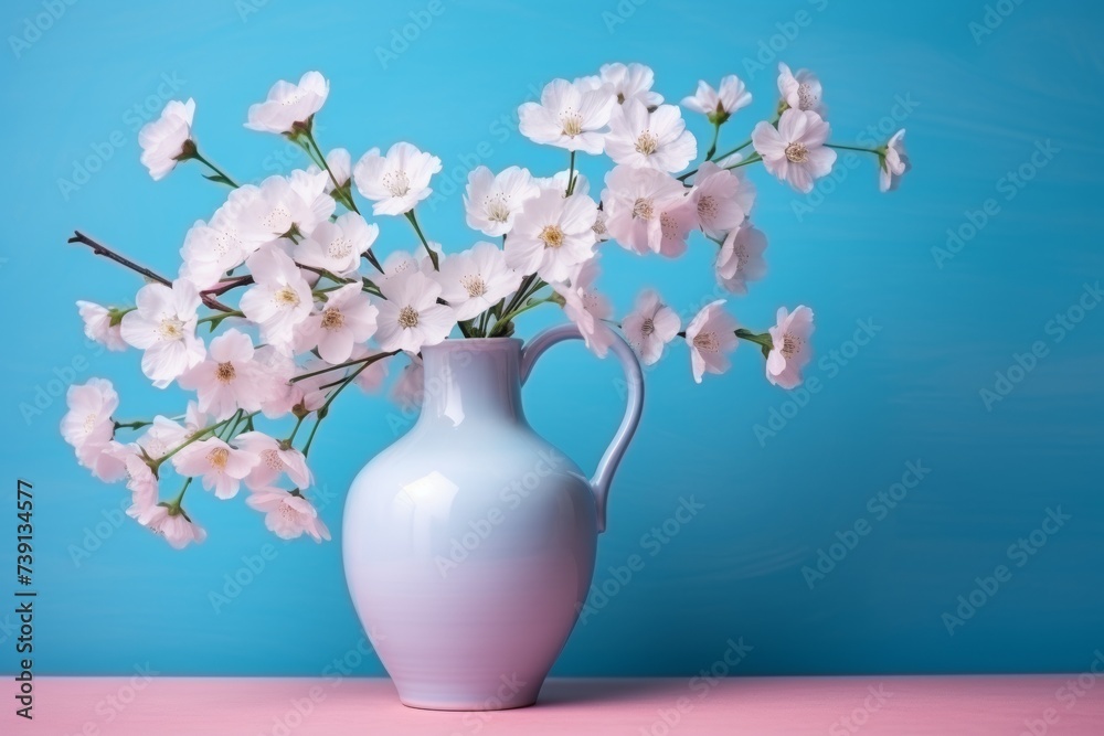 spring flowers bouquet on blue background. tulips and daffodils arranged together spring flowers bouquet on blue background. tulips and daffodils arranged together