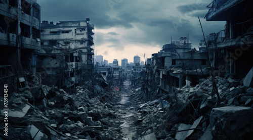 City buildings destructed by earthquake strike. Disaster scene full of debris, dust and crashed buildings