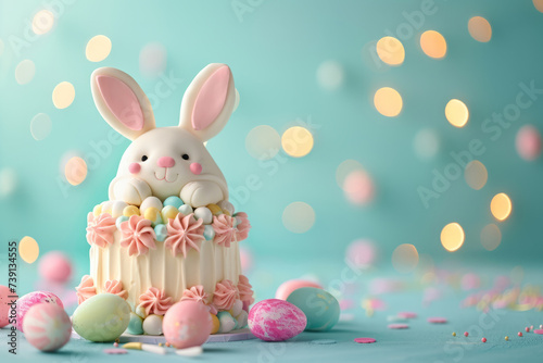 Birthday cake decorated with a cute bunny on top and eggs on a blue background. Children's birthday and Easter celebration concept, copy space © Tatiana