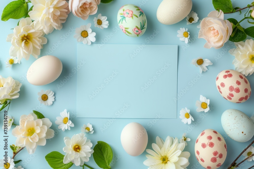 Decorated Easter eggs with flowers laid out in a circle on a blue background with a blue leaf in the center with space for copy text. Spring card. Valentine's day, wedding day and anniversary concept