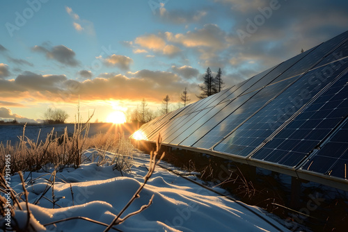 Photovoltaic solar panels in the field at winter sunset or sunrise