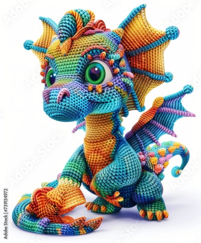 Illustration vector designs a handcrafted style amigurumi dragon with detailed crochet patterns and vibrant yarn colors White background