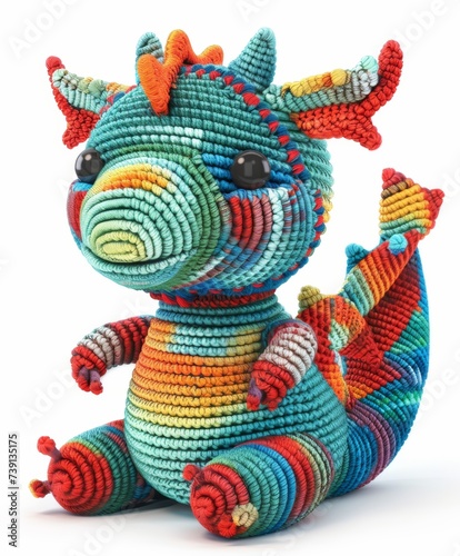 Illustration vector designs a handcrafted style amigurumi dragon with detailed crochet patterns and vibrant yarn colors White background