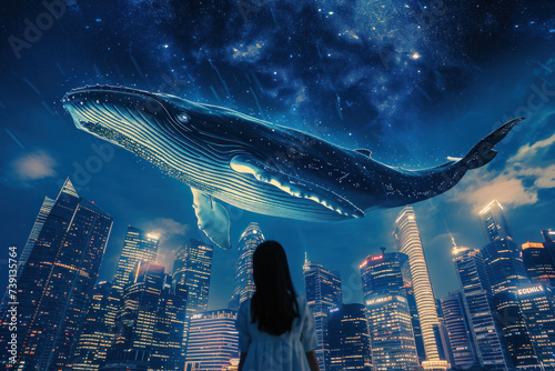 Young girl watching fantastical whale soar above futuristic cityscape. Imagination and fantasy.