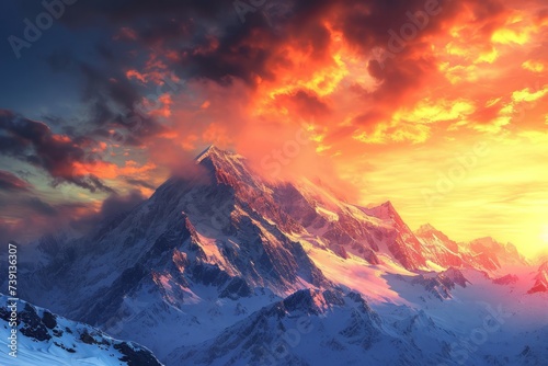 A magnificent landscape of snow-capped mountains and bright red and yellow skies. The concept for the development of tourism, mountaineering, skiing, rock climbing, excursions in the mountains. 