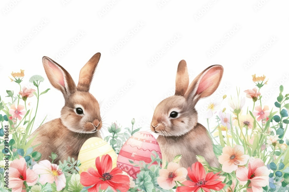 Fototapeta premium Illustration of two rabbits, Easter eggs and flowers on a light background. Concept for celebrating the arrival of spring and Easter day. Еmpty space for text.