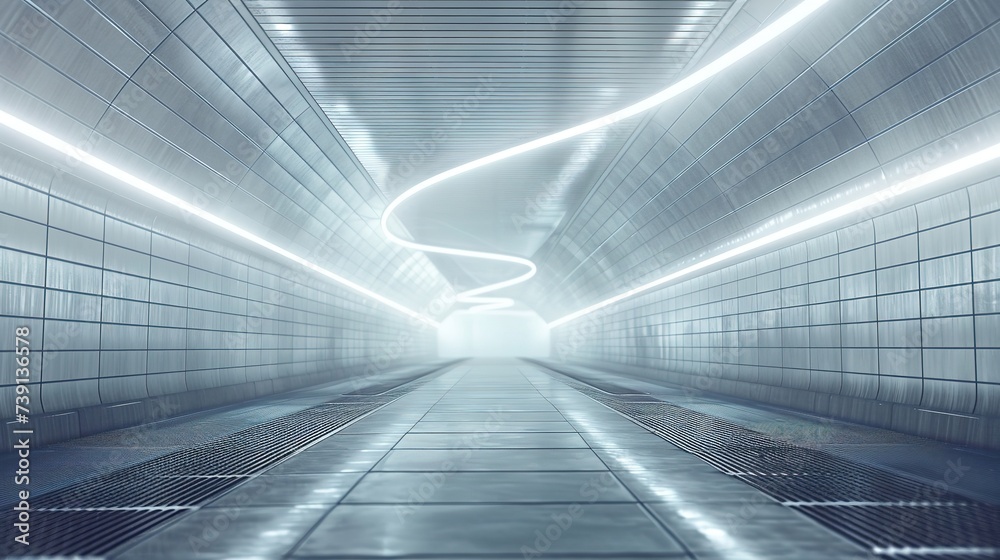 Futuristic tunnel, corridor, interior with light. Modern hallway. Concept of studio, stage, future, industry, sci-fi, science.