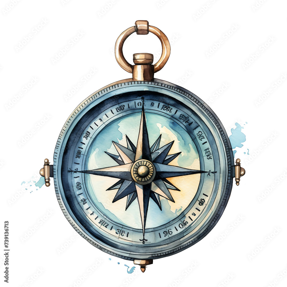 Watercolor construction compass isolated on a white background