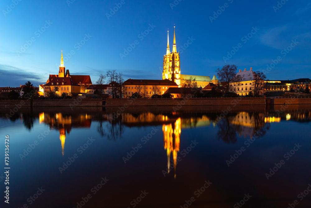Night View on Wroclaw Old Town. Island and Cathedral of St John on river Odra, find recreation zone on the river bank. Wroclaw,