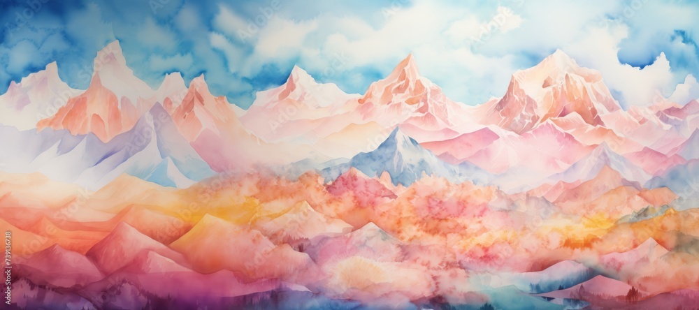 Drawn illustration of watercolor mountains. The concept for the development of tourism, mountaineering, skiing, rock climbing, excursions in the mountains, banner 
