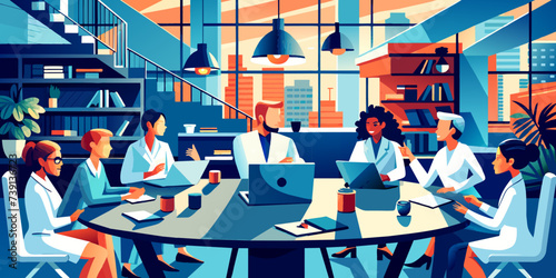 Medical Collaboration: Vector Illustration of Healthcare Professionals in a Productive Hospital Meeting
