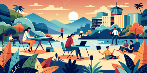 Connected Perspectives: Vector Illustration of Remote Work Revolution