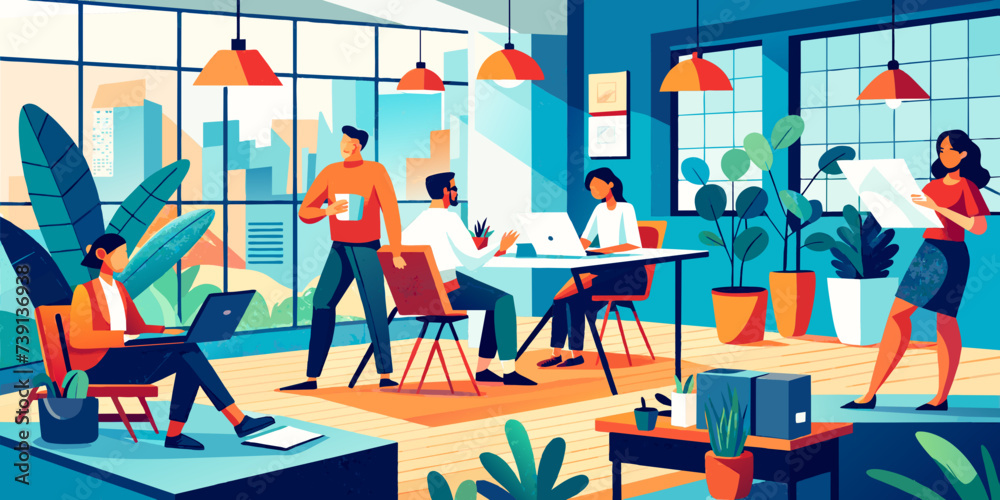 Inspiring Vector Scene: Modern Office Buzz with Collaborative Energy, Dynamic Workspace Collaboration