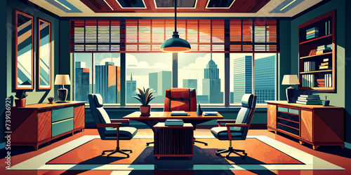 Executive Elegance: CEO's Office Vector Illustration with Polished Desk and Leather Chairs
